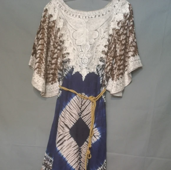 Vintage 70s Afro-centric heirloom robe wax print embroidered maxi length caftan - Picture 5 of 15